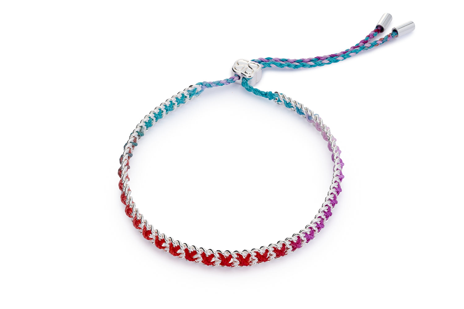 Red, pink, and teal woven bracelet with silver-plated chain and adjustable slider clasp