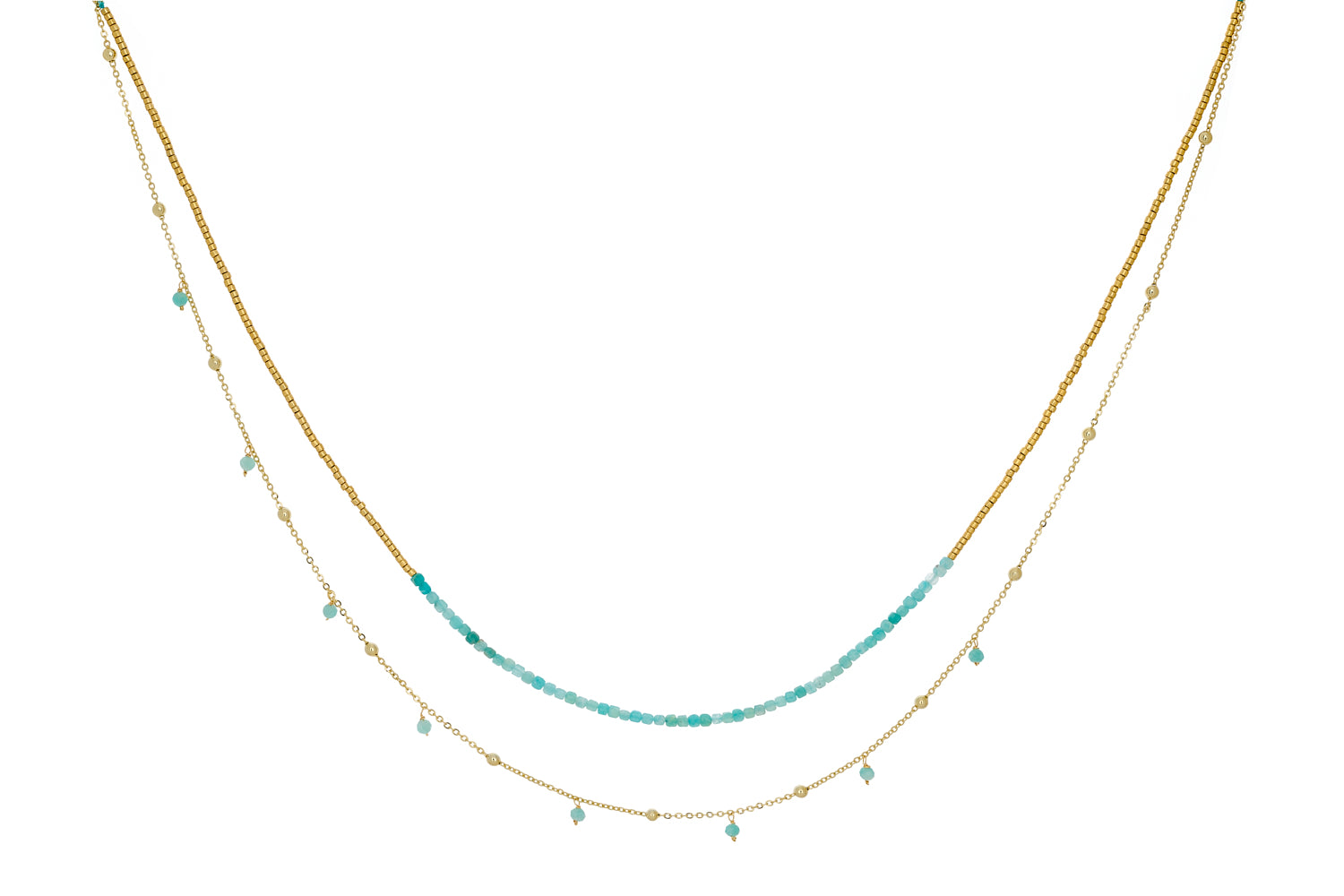 Lily Amazonite & Gold Layered Necklace featuring dainty gold chains and soft aqua Amazonite beads with charm-like drops, inspired by calming ocean hues.