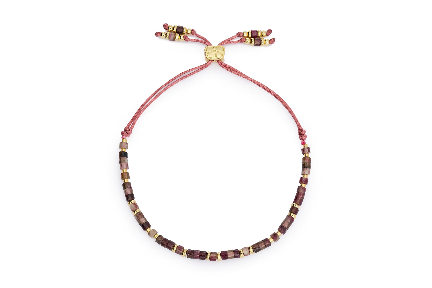 Liv Gold & Tourmaline Friendship Bracelet on blush cord with cube-cut gemstones and gold accents