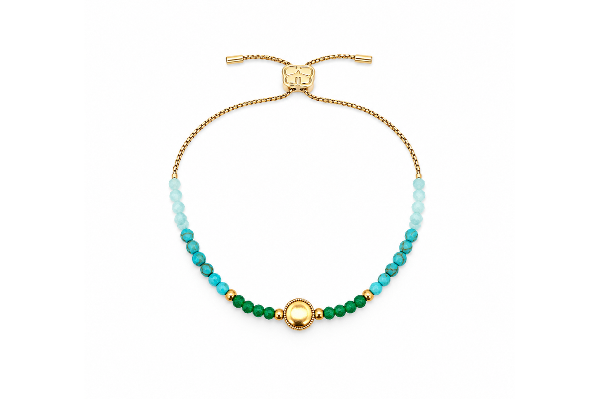 Luana Green Agate Mix Gold Gemstone Slider Bracelet featuring green agate, turquoise howlite and amazonite gemstones with a waterproof 14k gold PVD centre bead.