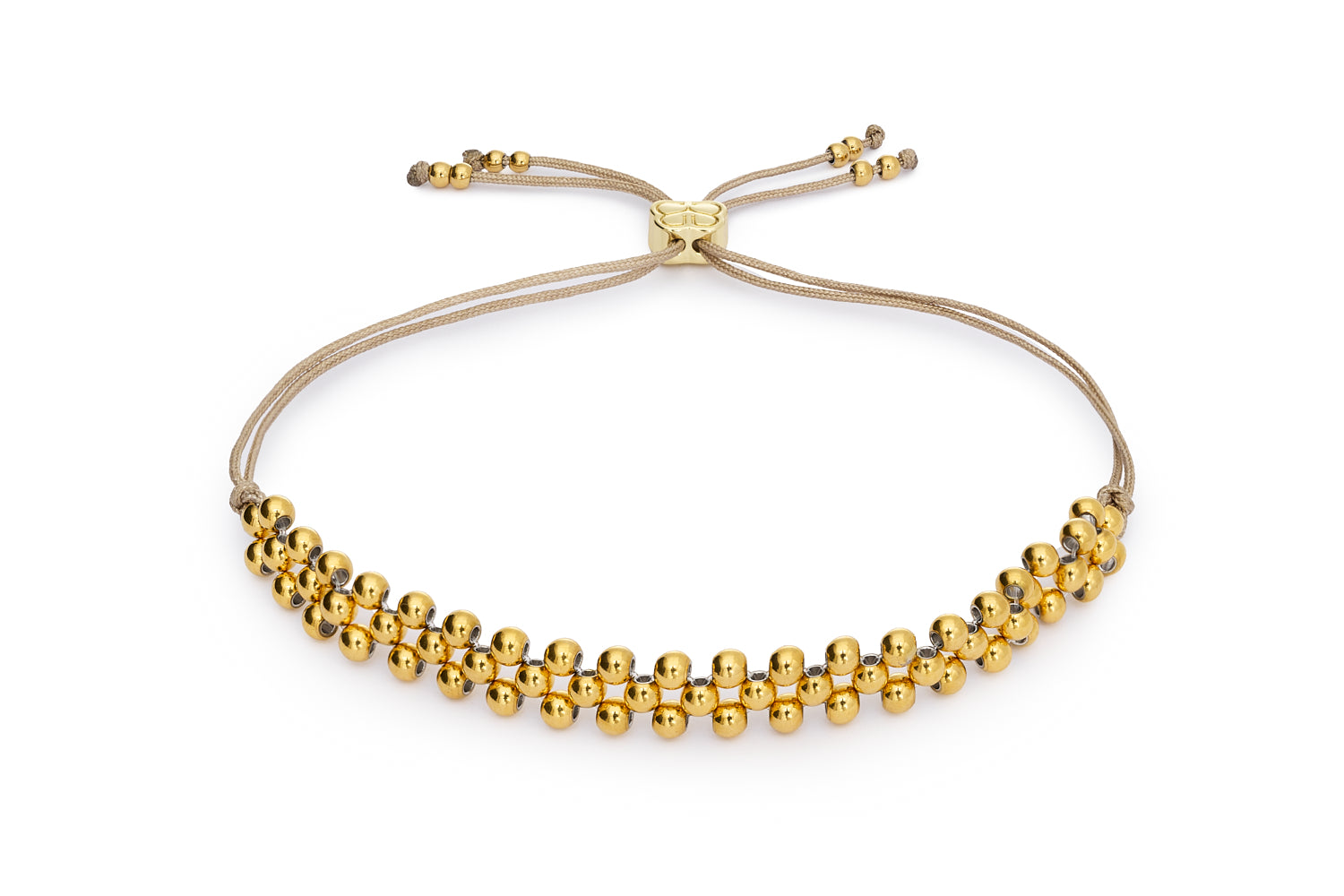 Marisol Gold Beaded Friendship Bracelet featuring 14k gold PVD-coated beads on a neutral woven cord with triple-row design.