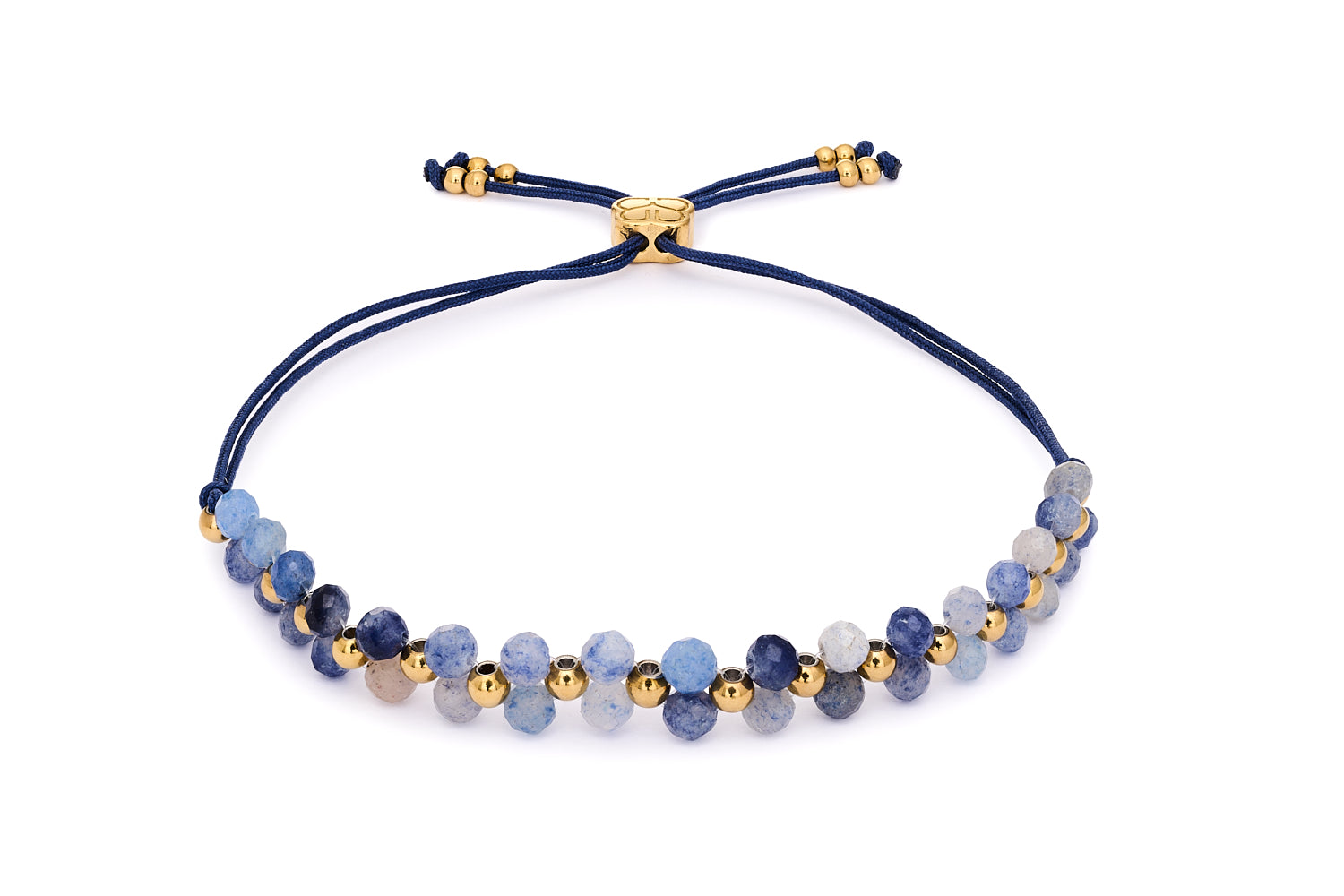 Marisol Gold & Blue Aventurine Gemstone Bracelet featuring faceted blue aventurine gemstones with PVD gold stainless steel accents and adjustable woven slider fit up to 26cm.