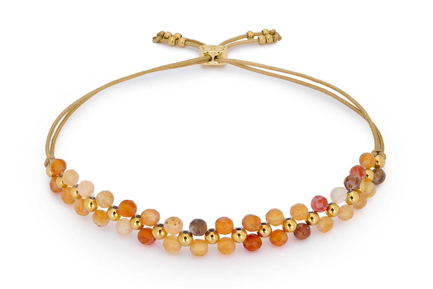 Marisol Gold & Orange Agate Gemstone Bracelet featuring radiant orange agate beads, shimmering PVD plated gold stainless steel, and an adjustable thread slider fastening.