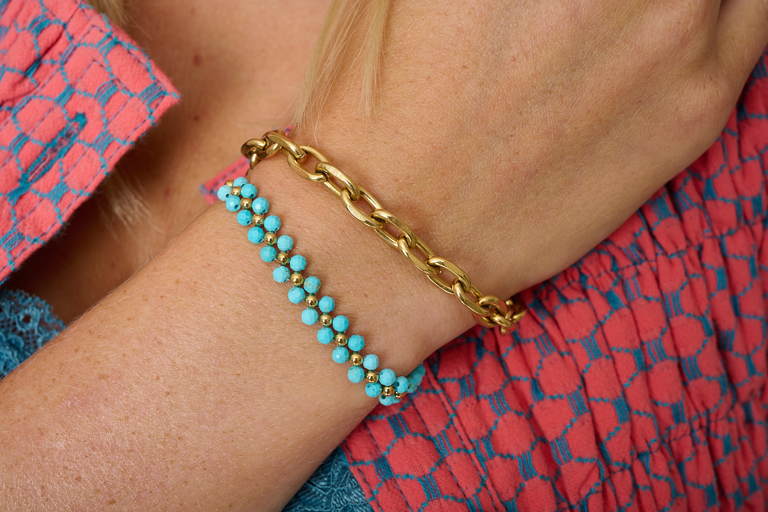 Marisol Turquoise Howlite & Gold Gemstone Bracelet featured on wrist with Boho Betty stacking bracelets in turquoise and gold tones.