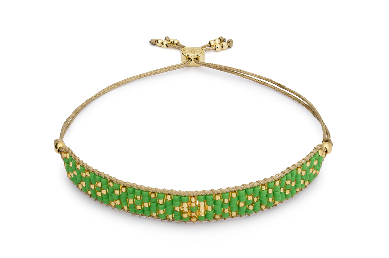 Maya green and gold beaded bracelet with matte Miyuki beads and signature charm