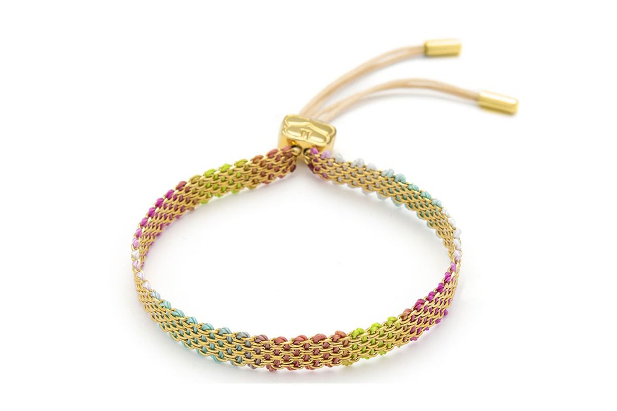 Millie Candy Mesh Woven Bracelet with colourful mesh detailing, 14k gold PVD stainless steel and adjustable slider fastening.
