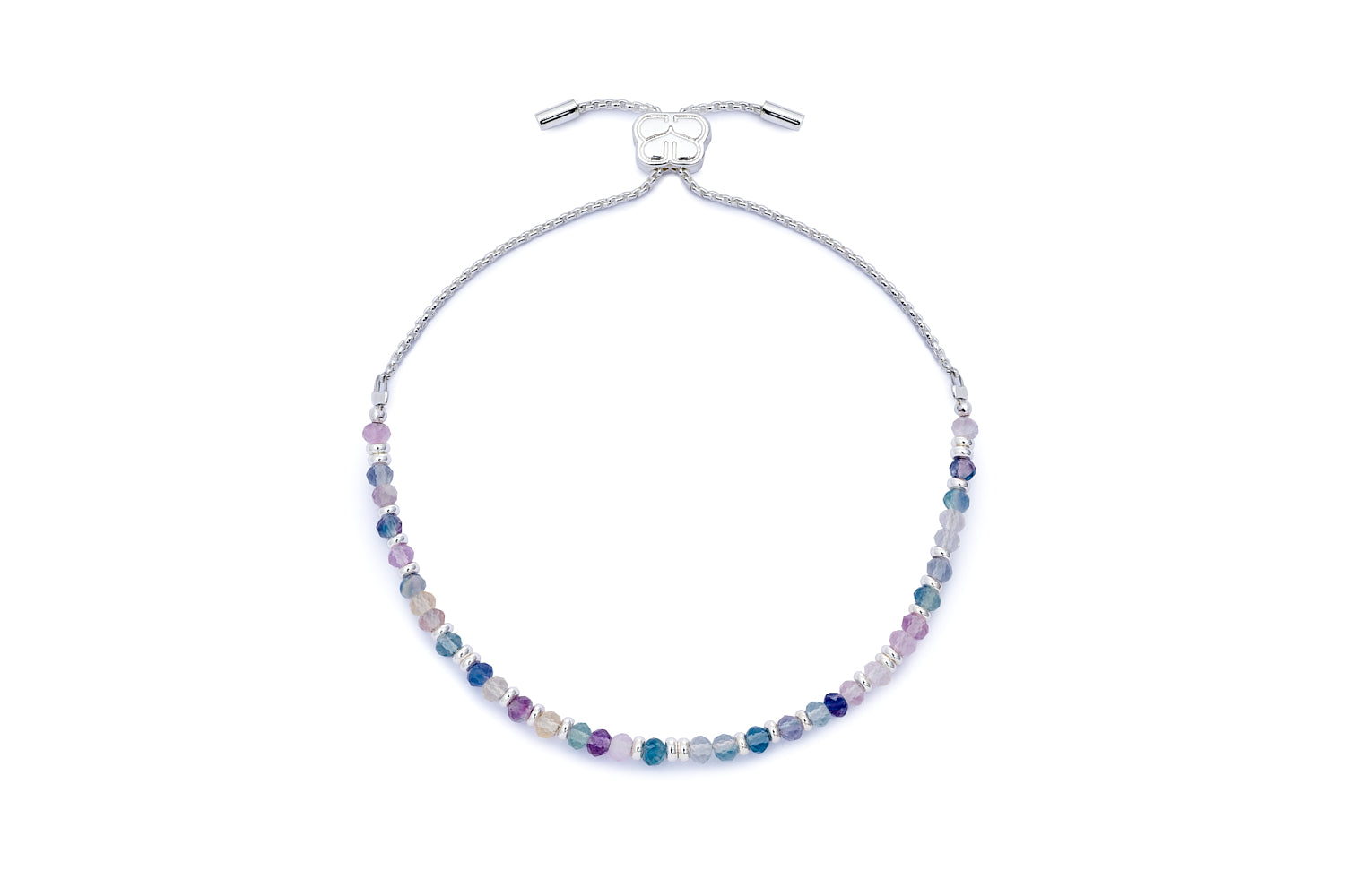 Mystical Silver & Rainbow Fluorite Gemstone Bracelet featuring faceted lilac, violet, and ocean blue fluorite gemstone beads, sterling silver-plated accents, and an adjustable slider fastening.