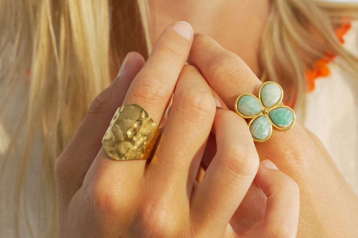 Nahla Gold Adjustable Ring worn on the hand, showcasing its hammered organic texture and adjustable waterproof 14k Gold PVD stainless steel open band.