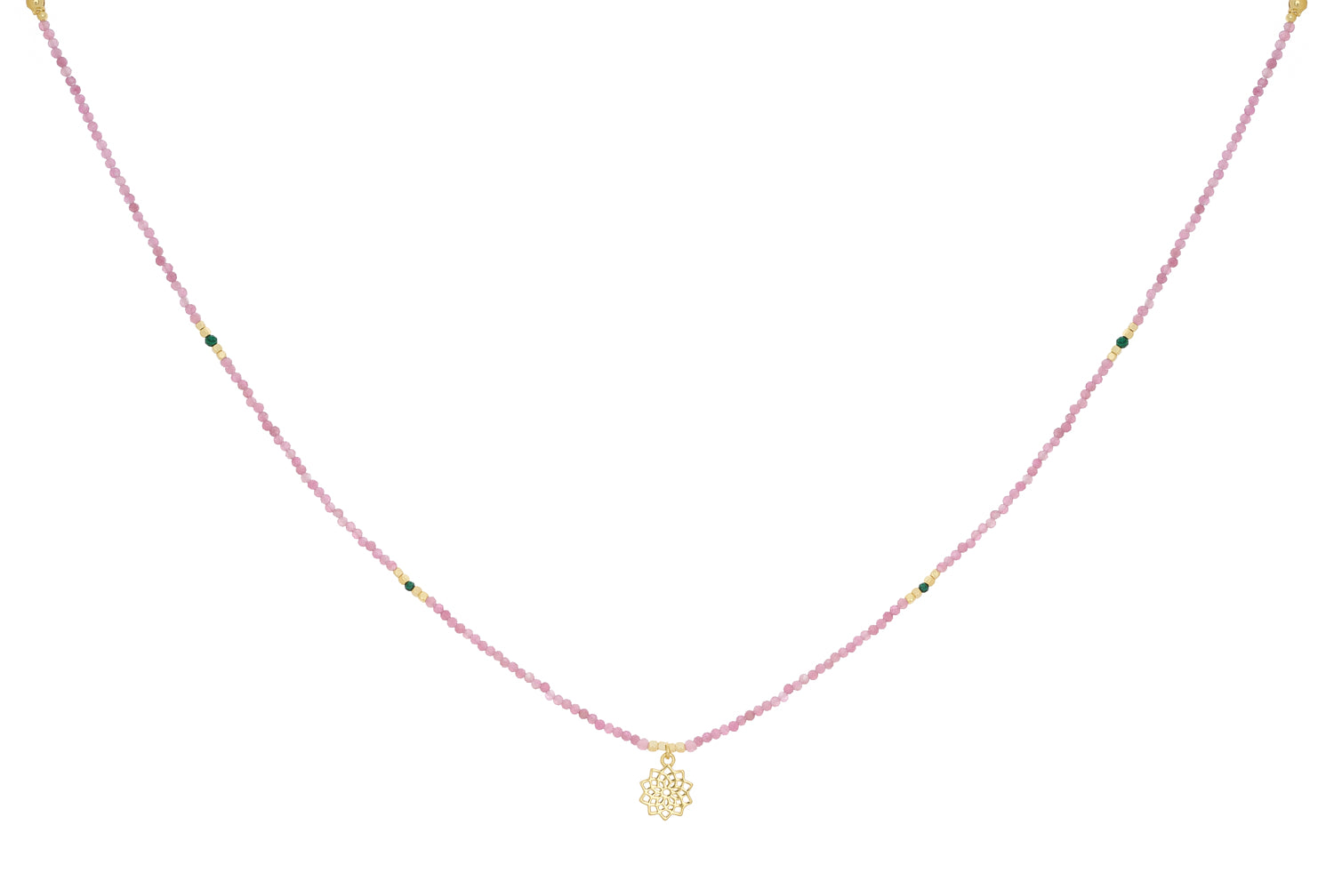 Pink Tourmaline & Malachite Gold Heart Chakra Necklace featuring soft pink tourmaline, rich green malachite, a 12k gold-plated heart chakra charm, and adjustable chain.