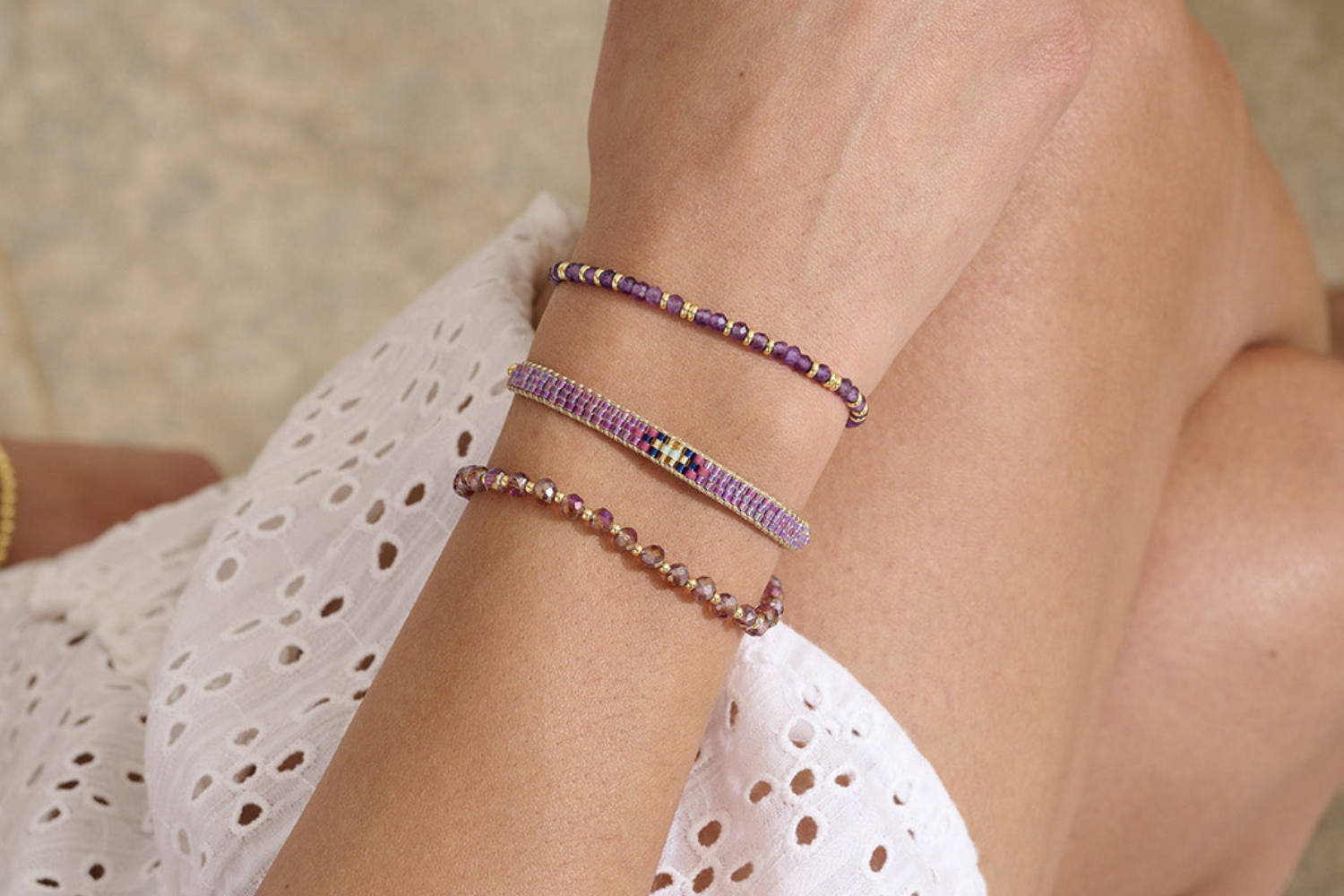 Prunus Gold & Pink Crystal Bracelet styled on the wrist