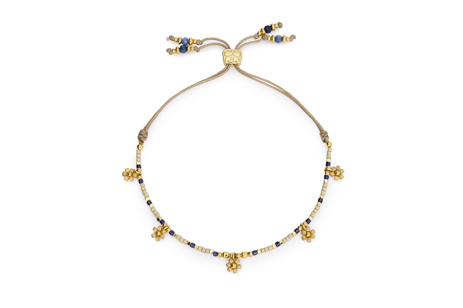 Rania Blue & Gold Beaded Charm Bracelet with soft blue and beige matte beads, golden floral charms, and an adjustable cord slider for easy styling.
