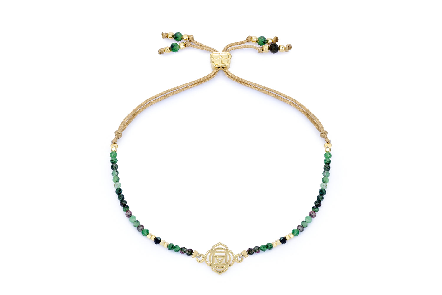 Ruby Zoisite & Gold Root Chakra Bracelet featuring lush green and deep ruby gemstone beads, a 12k gold-plated chakra charm, and an adjustable slider fastening for a comfortable, custom fit.