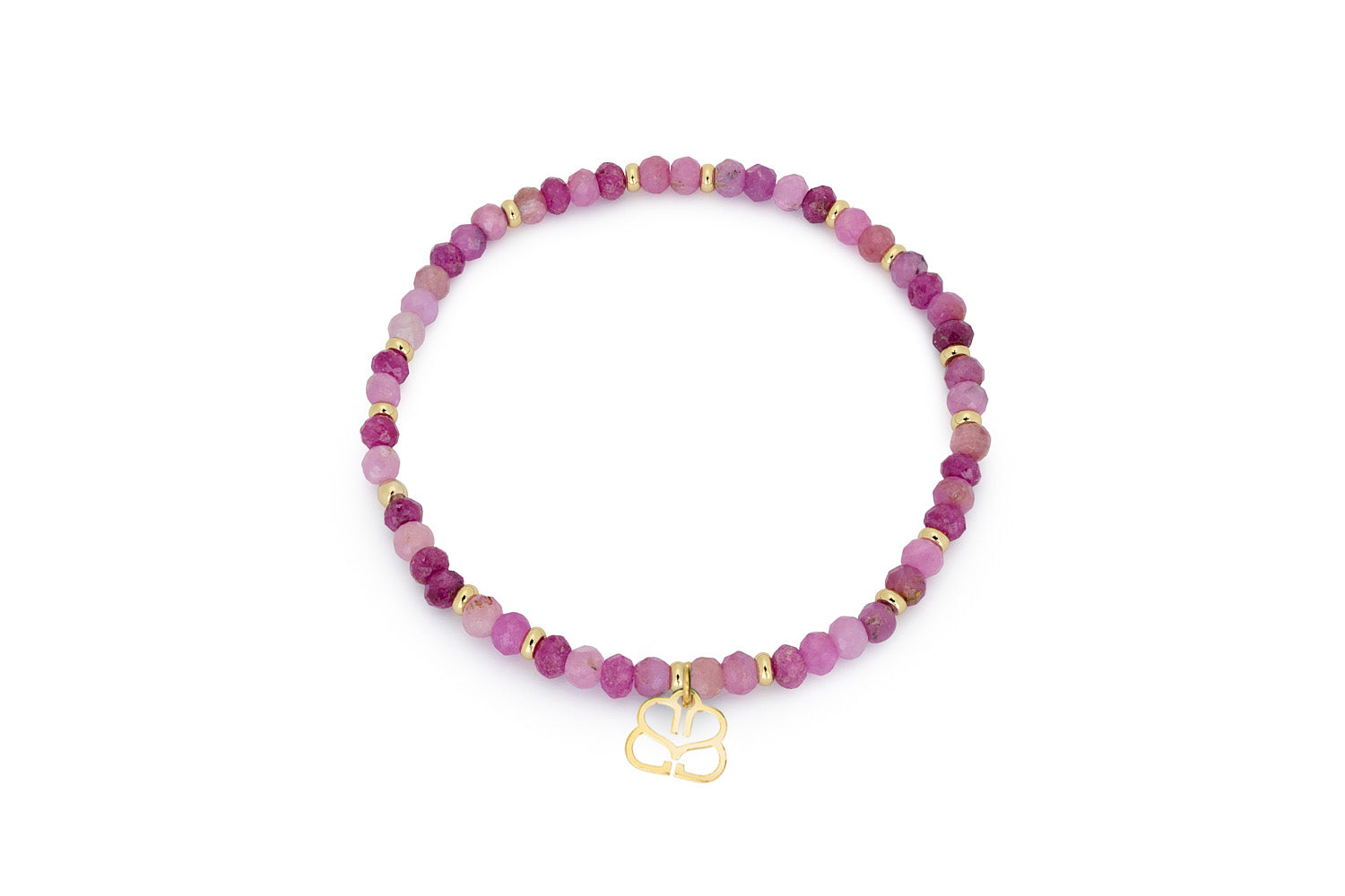 Rue Gold & Ruby Bead Bracelet featuring a variety of natural ruby gemstones in soft pink and red tones, with 12k gold-plated accents and an 18cm stretch fit.