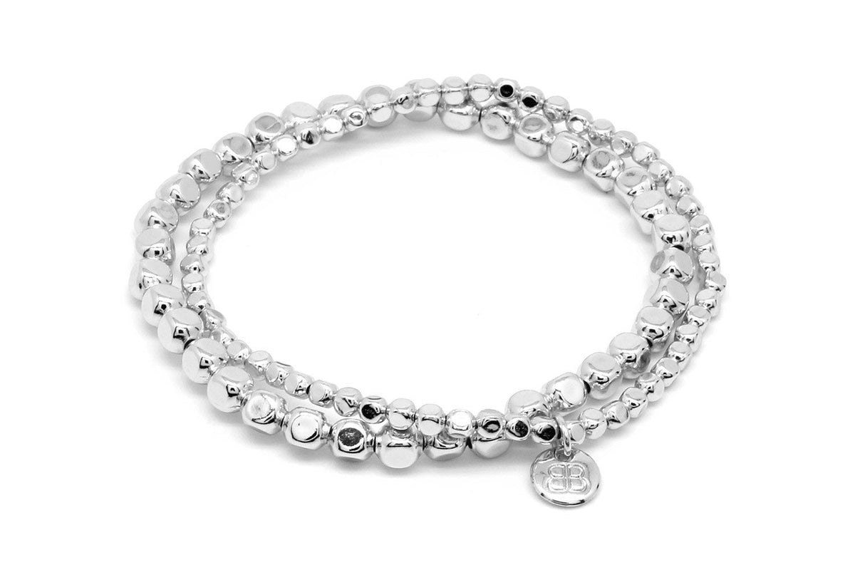 Sabal Major Silver Stretch Bead Bracelet Set featuring two waterproof stainless steel silver bead bracelets with polished finishes and comfortable stretch fit.