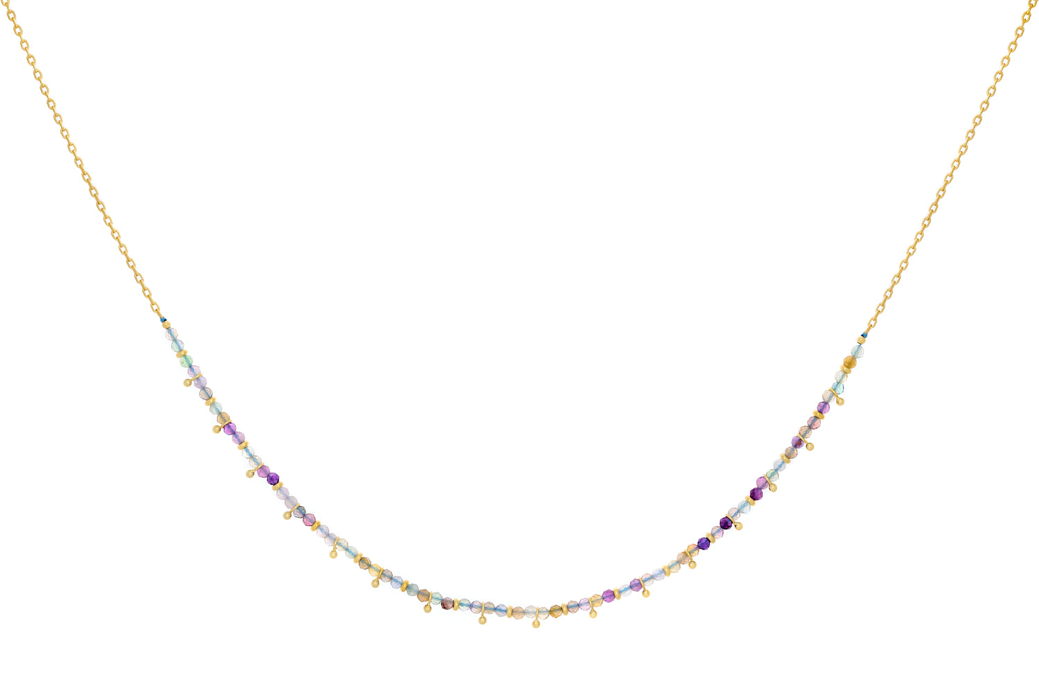 Salus Rainbow Fluorite Gold Necklace featuring a cascading mix of soft purple, blue, and golden fluorite beads along a fine gold-plated chain with delicate charm accents.