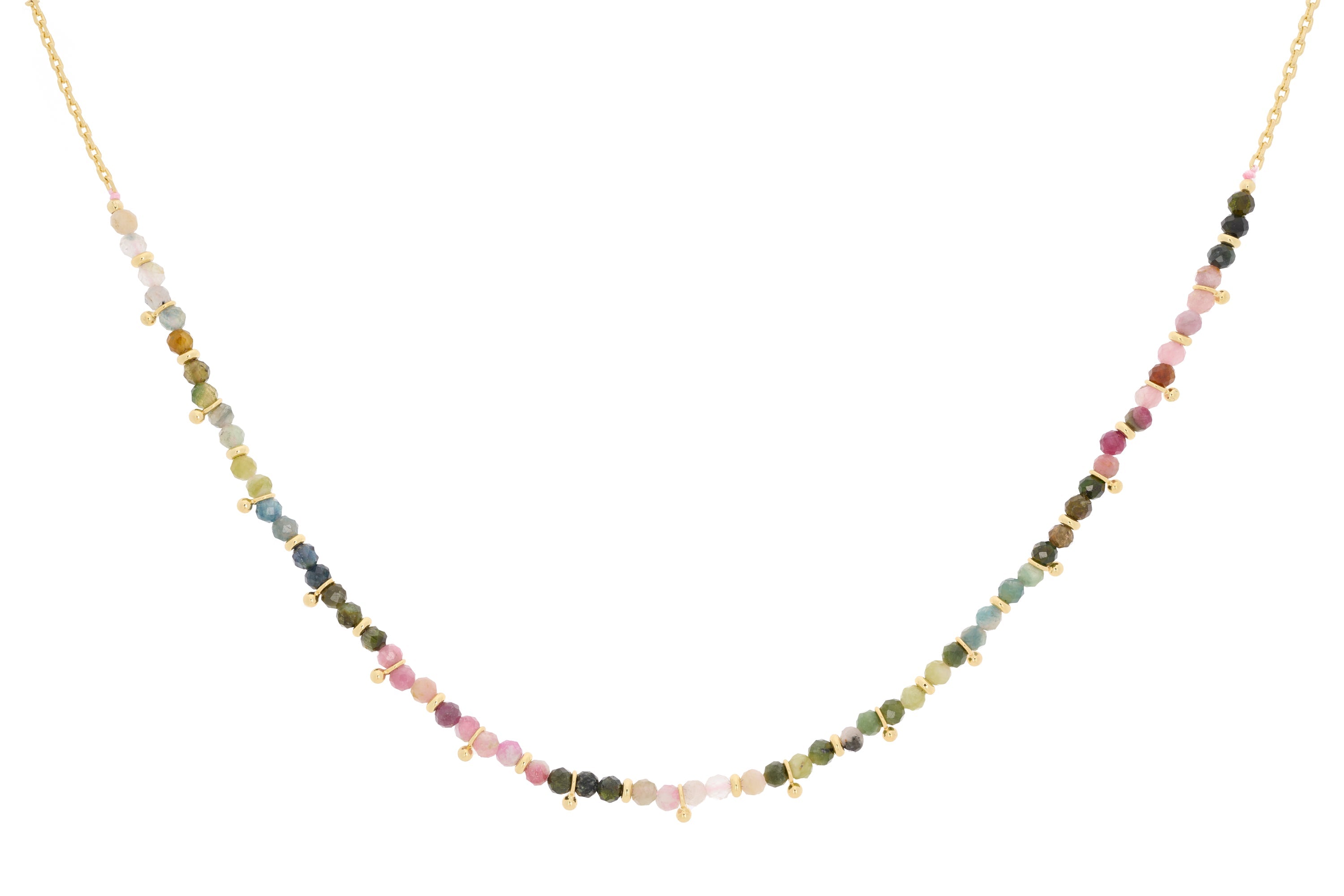 Salus Tourmaline Gold Necklace featuring natural mixed tourmaline gemstones, waterproof gold PVD stainless steel accents and an adjustable necklace design.
