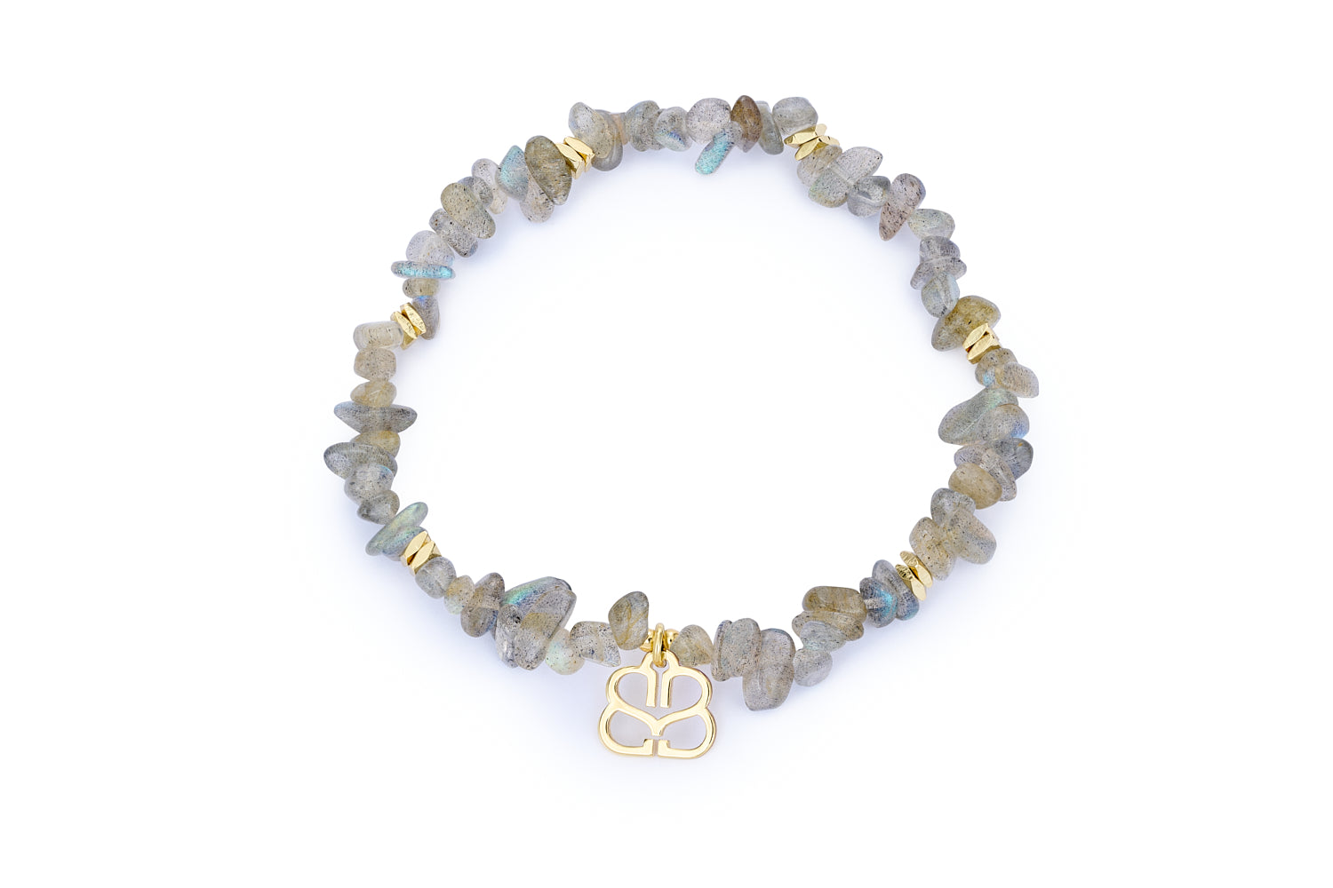 Sana Gold & Labradorite Crystal Bracelet featuring rough-cut labradorite chip beads, 12k gold-plated accents, and a Boho Betty filigree charm in a stretch bracelet design.