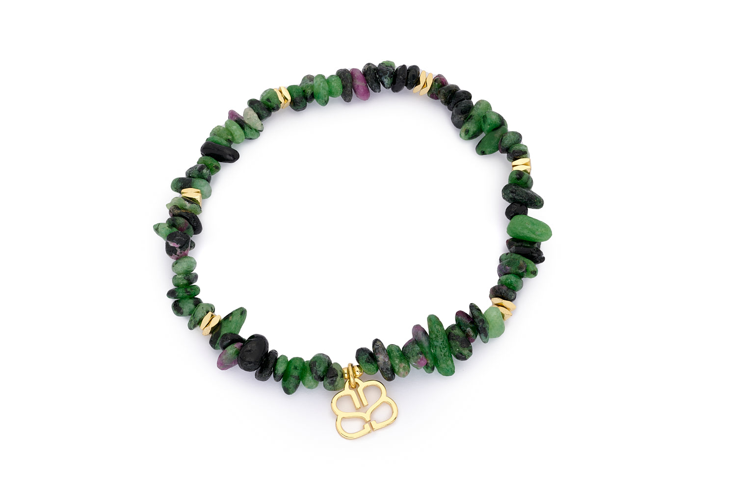 Sana Gold & Ruby Zoisite Crystal Bracelet with natural gemstone beads in vibrant berry and forest green tones, threaded with gold accents for a bold, boho look.