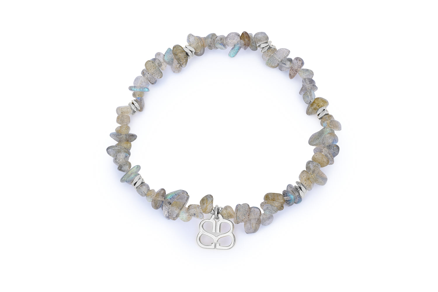 Sana Silver & Labradorite Crystal Bracelet featuring raw-cut labradorite gemstone chips, silver-plated accents, and a stretch bracelet design for easy wear.
