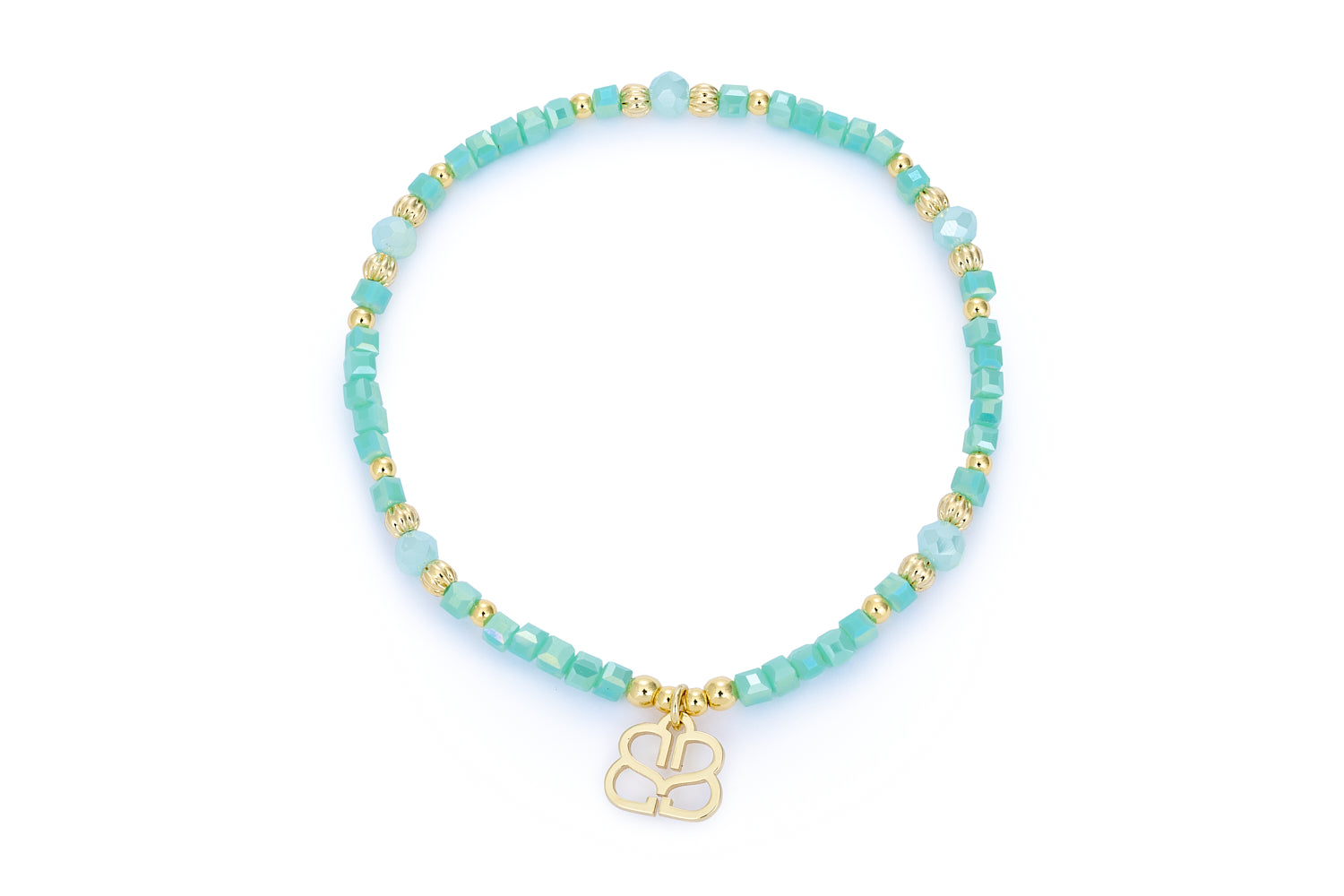 Seraphina Aqua & Gold Stretch Bead Bracelet featuring faceted aqua beads, gold-plated accents, and a flexible stretch fit—designed for effortless stacking and everyday wear.