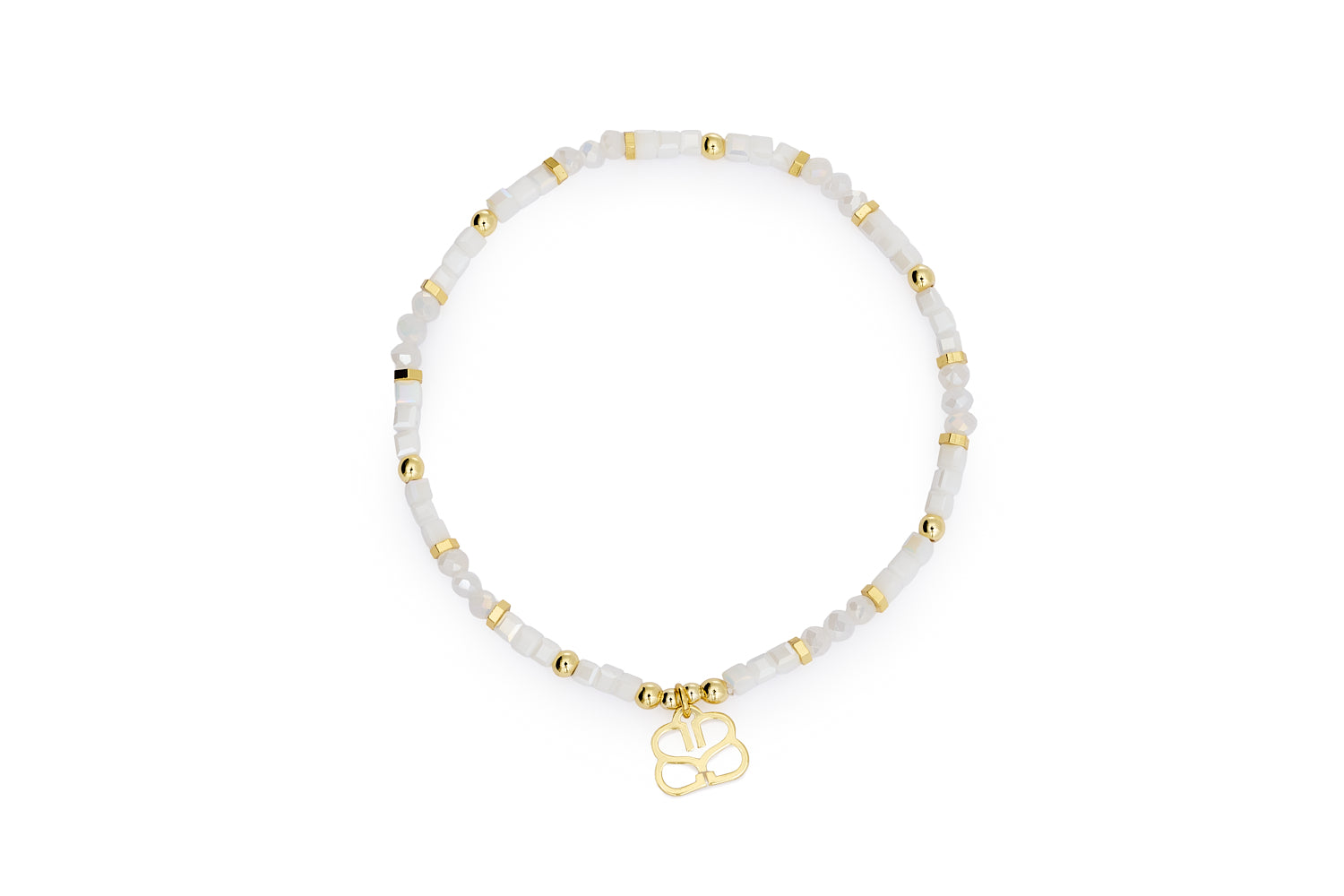Seraphina White & Gold Bead Bracelet featuring milky-white beads, 12k gold-plated accents, and a signature Boho Betty charm on an 18cm stretch design for effortless layering and everyday wear.