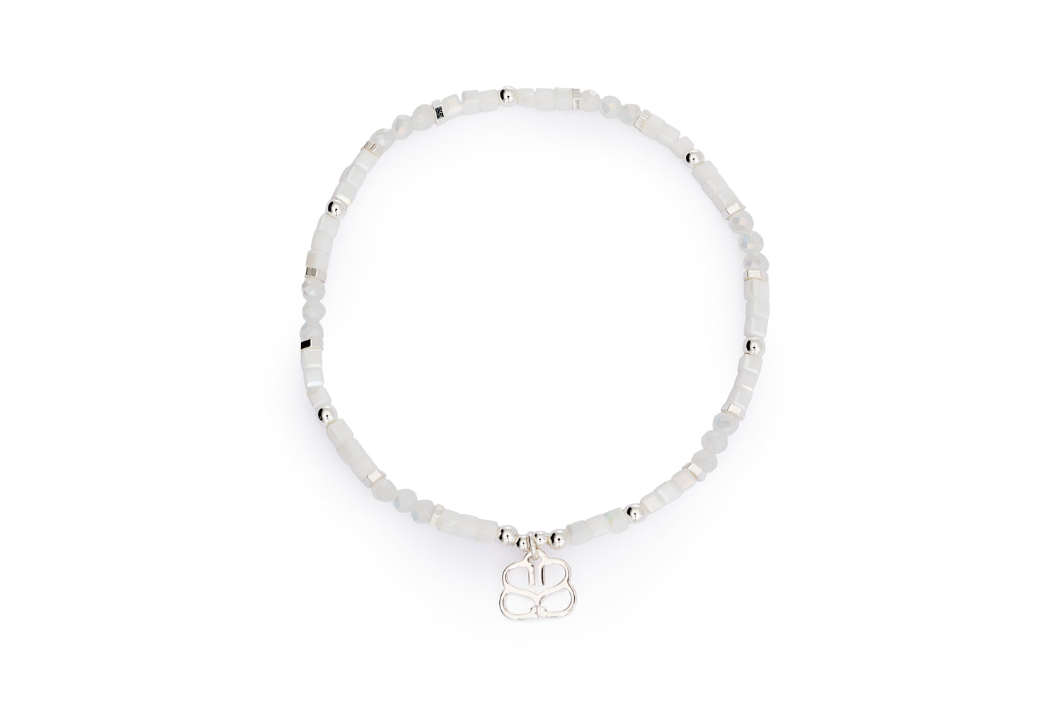 Seraphina White & Silver Stretch Bead Bracelet featuring soft white beads, sterling silver-plated accents, and a signature Boho Betty charm on an 18cm stretch design for easy wear and effortless layering.