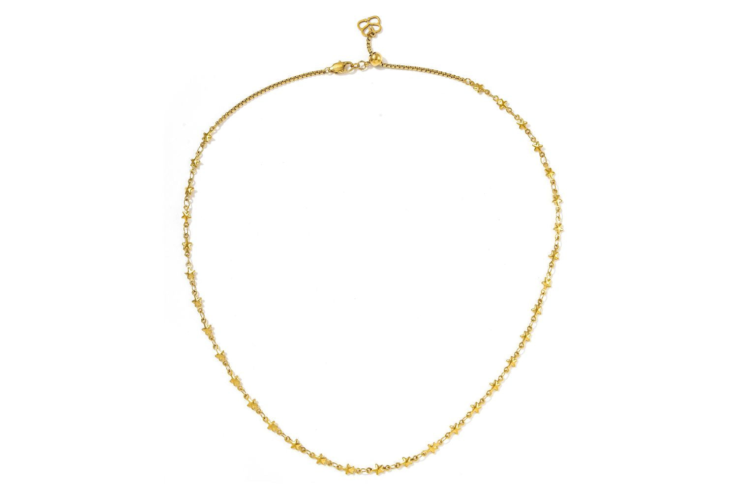 Solara Gold Star Chain Necklace with delicate adjustable slider and tiny celestial stars along fine gold chain.