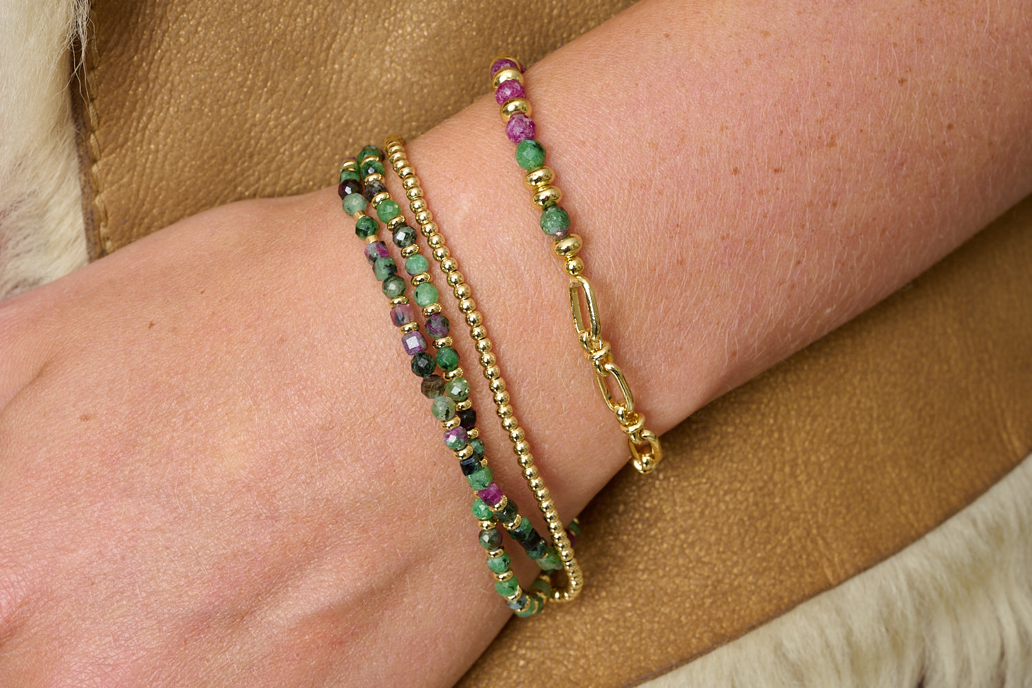 Solarte Gold & Ruby Zoisite Bracelet Stack with Annabelle wrap bead strand and Dahlia half bead, half paperclip chain in polished gold