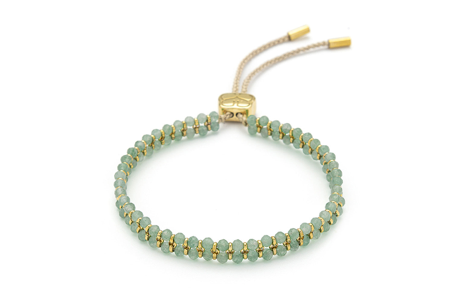 Talia Green Aventurine & Gold Gemstone Bracelet featuring double-strand faceted green aventurine beads with 12k gold-plated accents and an adjustable slider fastening.