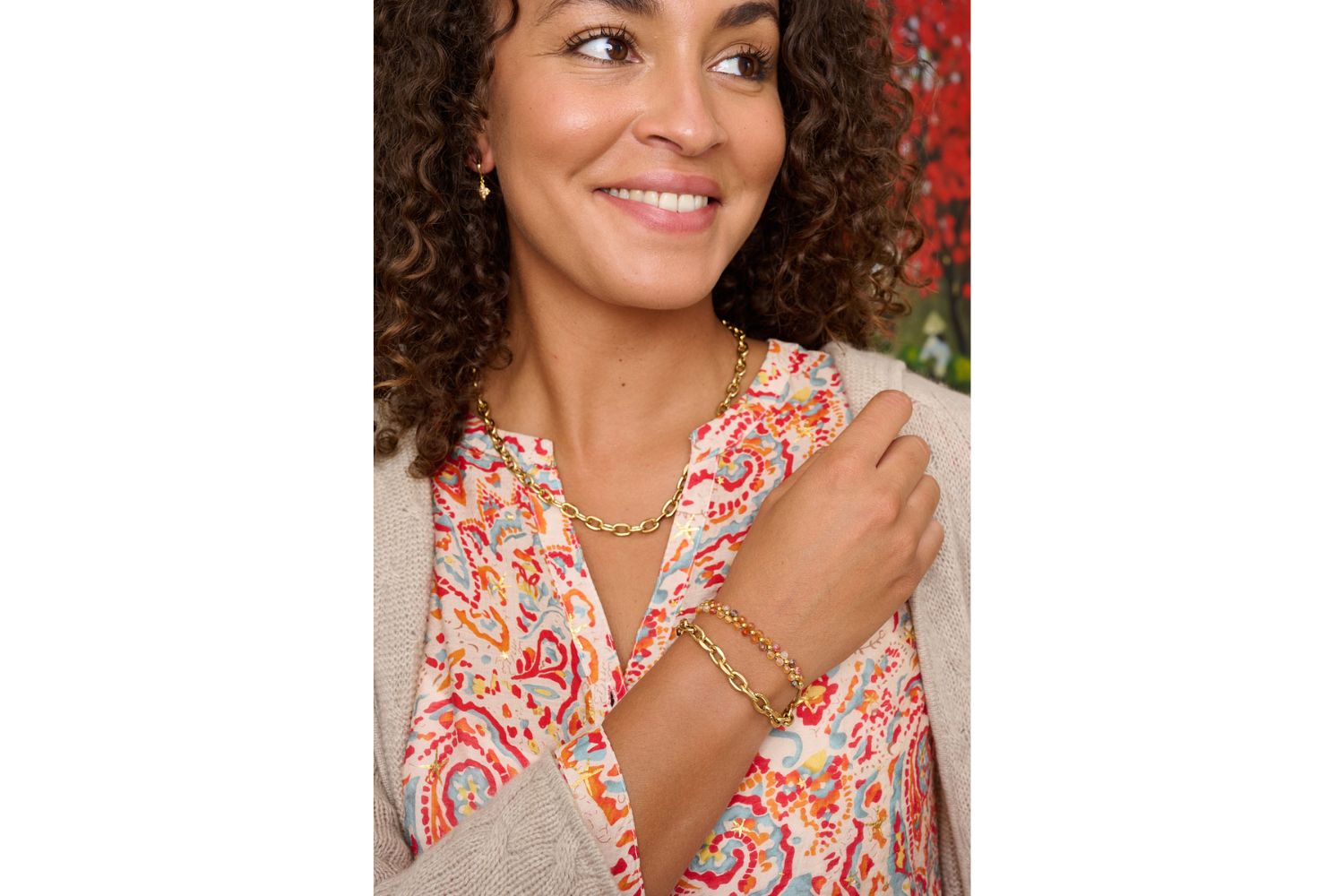 Tanna Orange Agate & Gold Bracelet Stack featured on wrist styled with the Boho Betty Dione Chunky Oval Chain Necklace