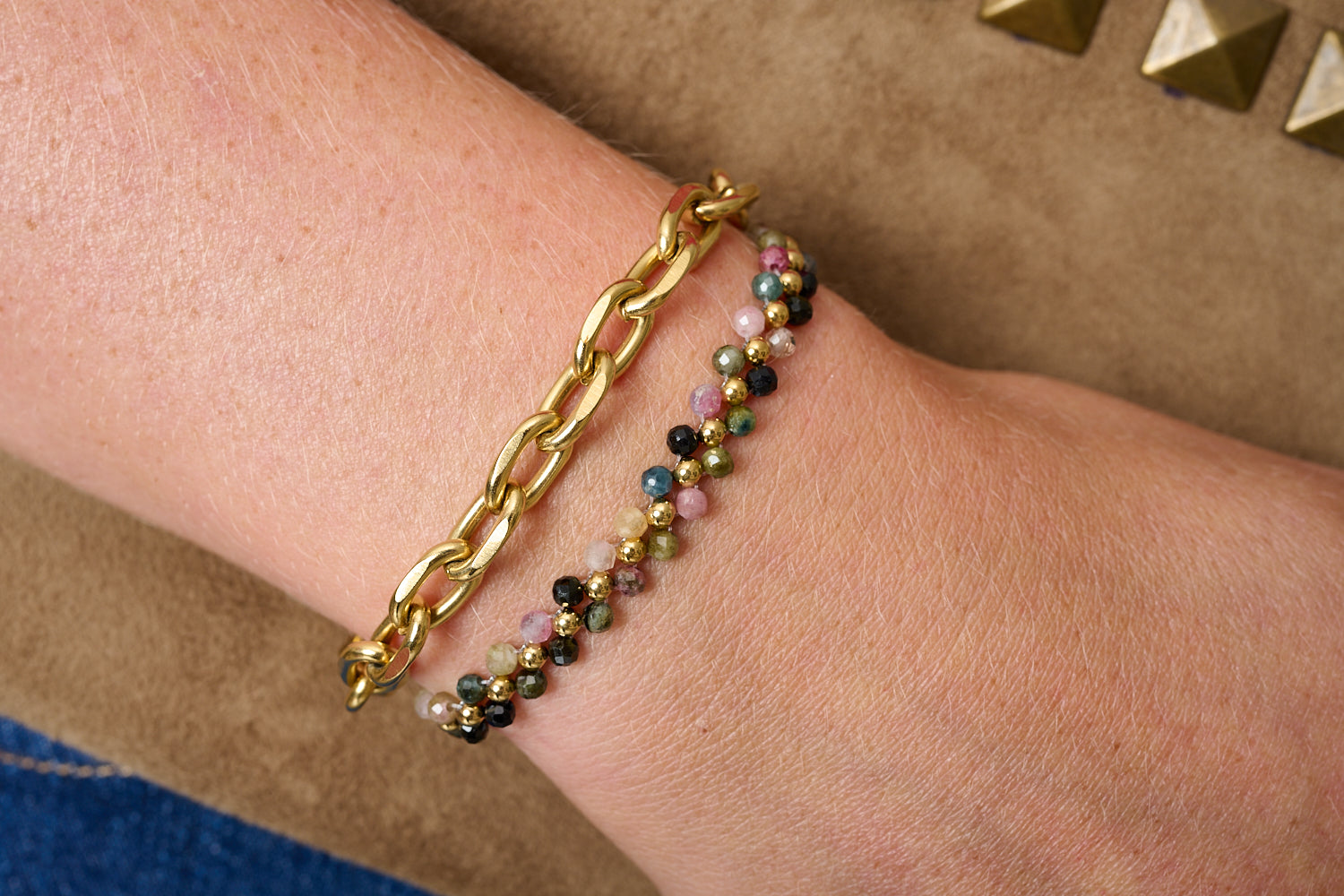 Tanna Tourmaline & Gold Bracelet Stack, gold chain with multi-coloured tourmaline beaded bracelet, adjustable slider