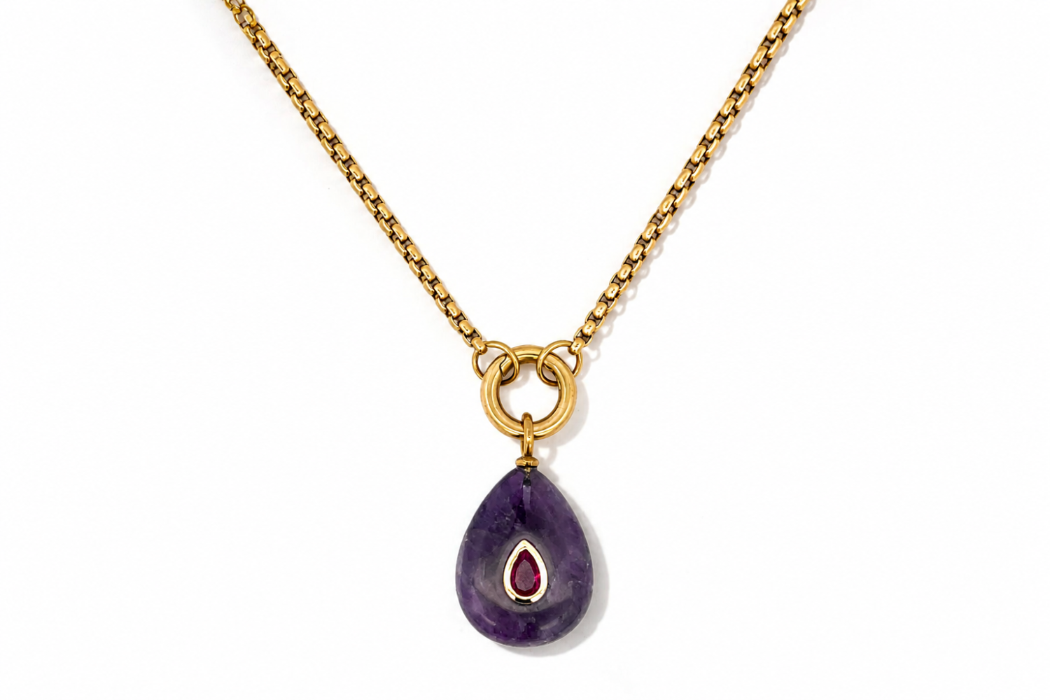 Thalia Long Amethyst Teardrop Pendant Necklace featuring a natural amethyst gemstone with a ruby-coloured crystal on a waterproof 14k gold PVD chain.