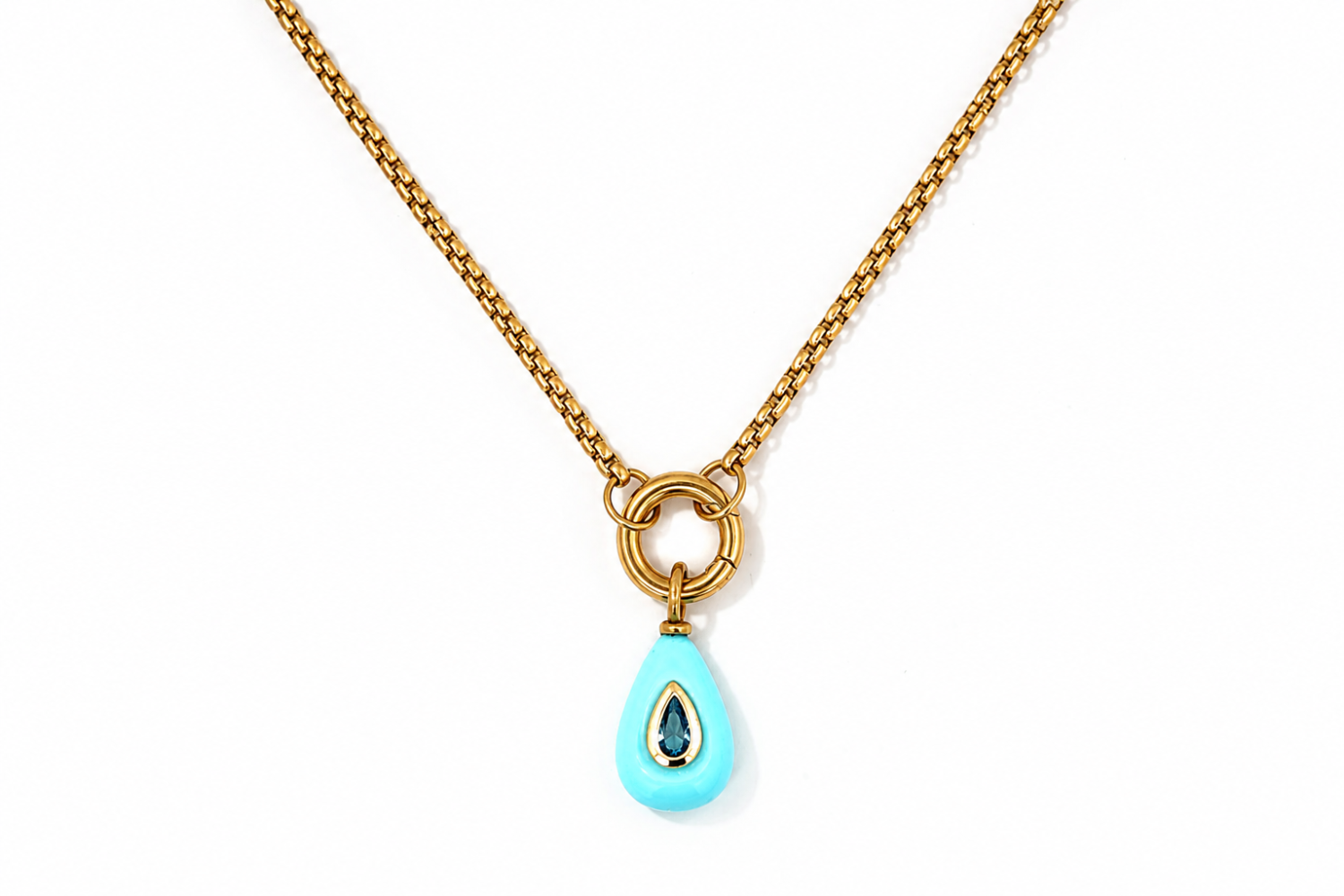 Thalia Short Turquoise Howlite Teardrop Pendant Necklace featuring a turquoise howlite gemstone with a blue crystal on a waterproof 14k gold PVD chain.
