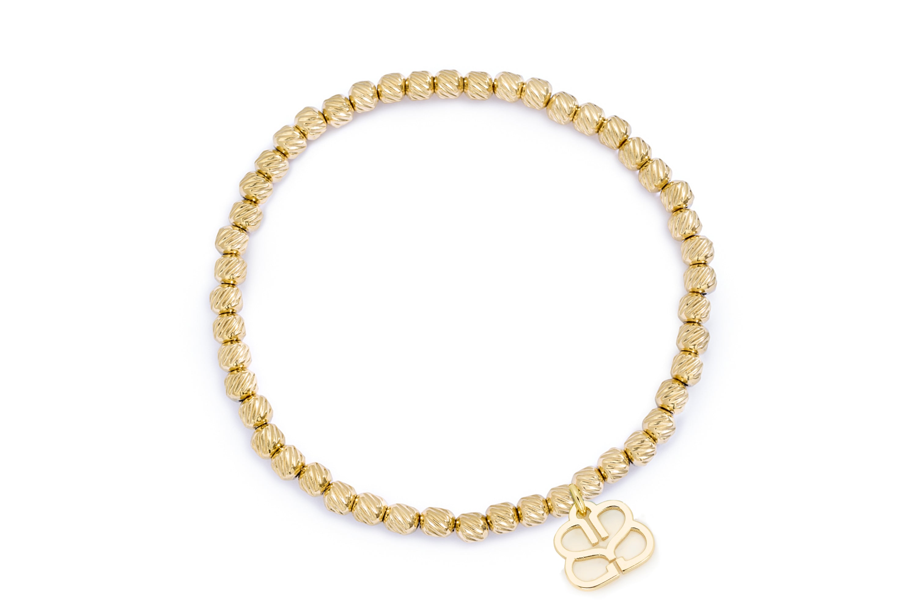 Thea Gold Stretch Bead Bracelet featuring softly textured gold beads, Boho Betty’s signature filigree charm, and an 18cm stretch design—ideal for stacking, layering, or wearing solo.