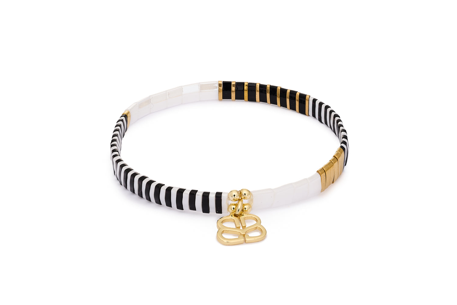 Think Black, White & Gold Beaded Tila Bracelet with Japanese striped beads in black, white, and gold, 18cm stretch design with Boho Betty charm.