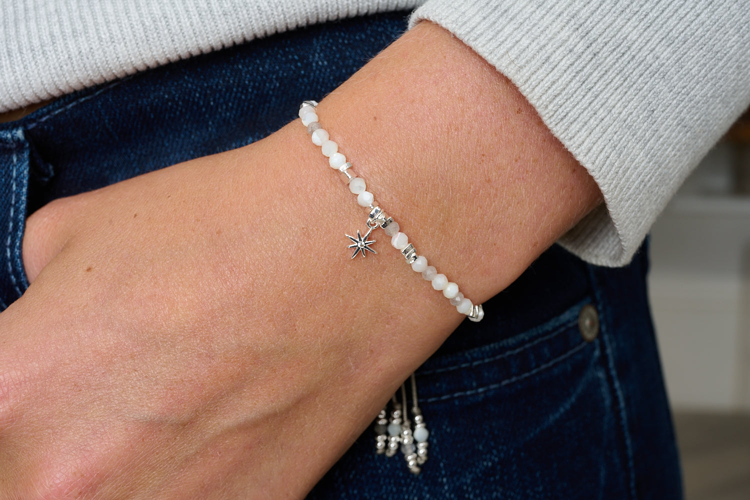 Una Silver & Rainbow Moonstone Mix Gemstone Bracelet featured on wrist with Boho Betty stacking bracelets