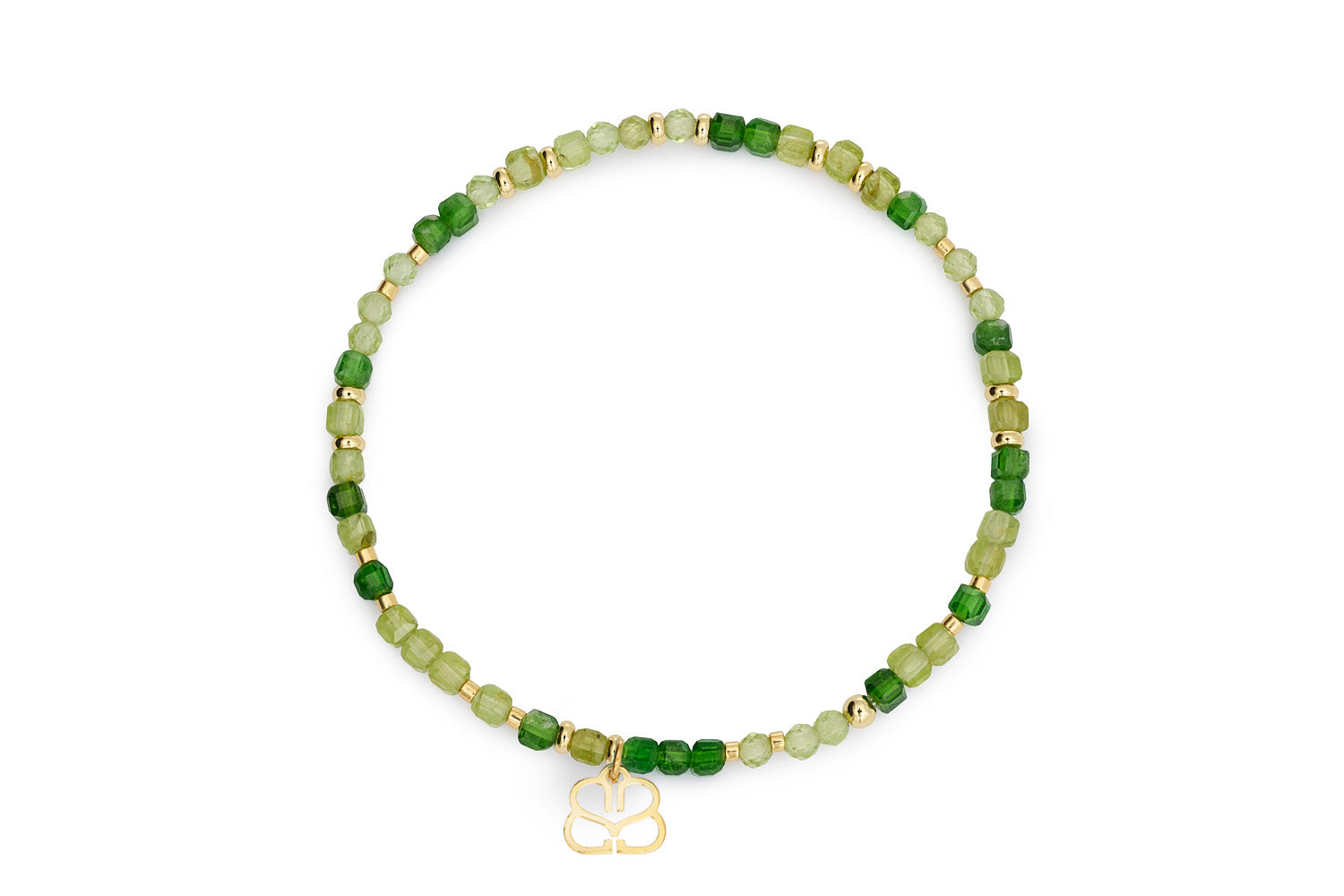 Violet Gold & Peridot Bead Bracelet featuring mixed cube-cut and faceted green peridot gemstones with 12k gold-plated accents in a stretch fit design.