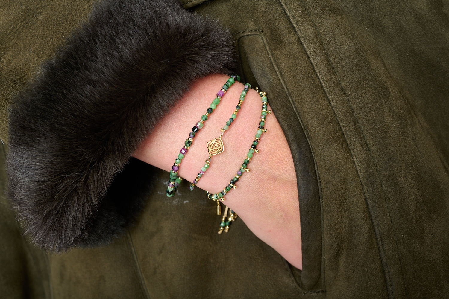 Violet Gold & Ruby Zoisite Bracelet styled with other earthy Boho Betty stackers, blending grounded green and magenta tones in a radiant wrist stack.