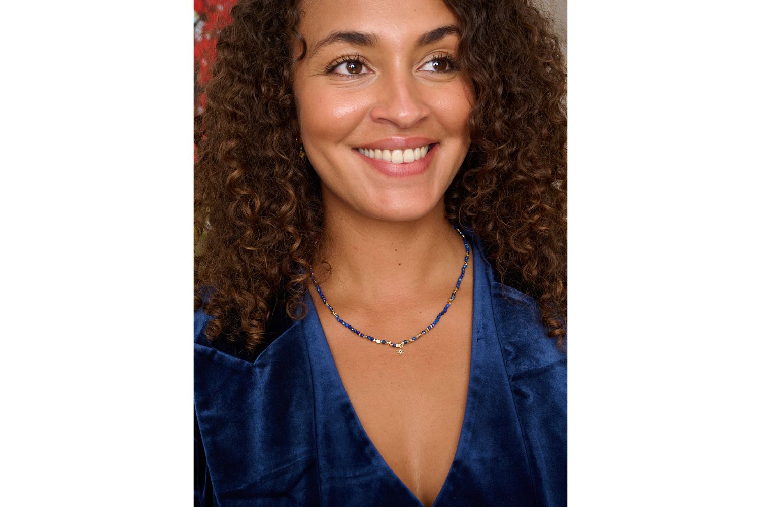 Yolanda Gold & Kyanite Mix Gemstone Necklace featured on neck with Boho Betty jewellery.