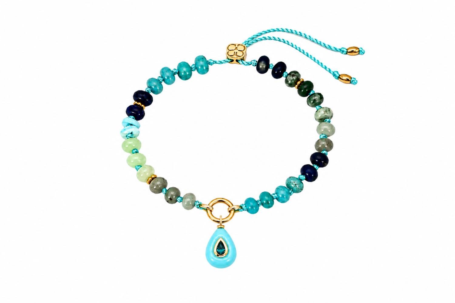 Zaha Blue Gold Charm Carrier Bracelet featuring Jade, Shell, Howlite and Turquoise gemstone beads with a waterproof 14k Gold PVD charm carrier clasp.