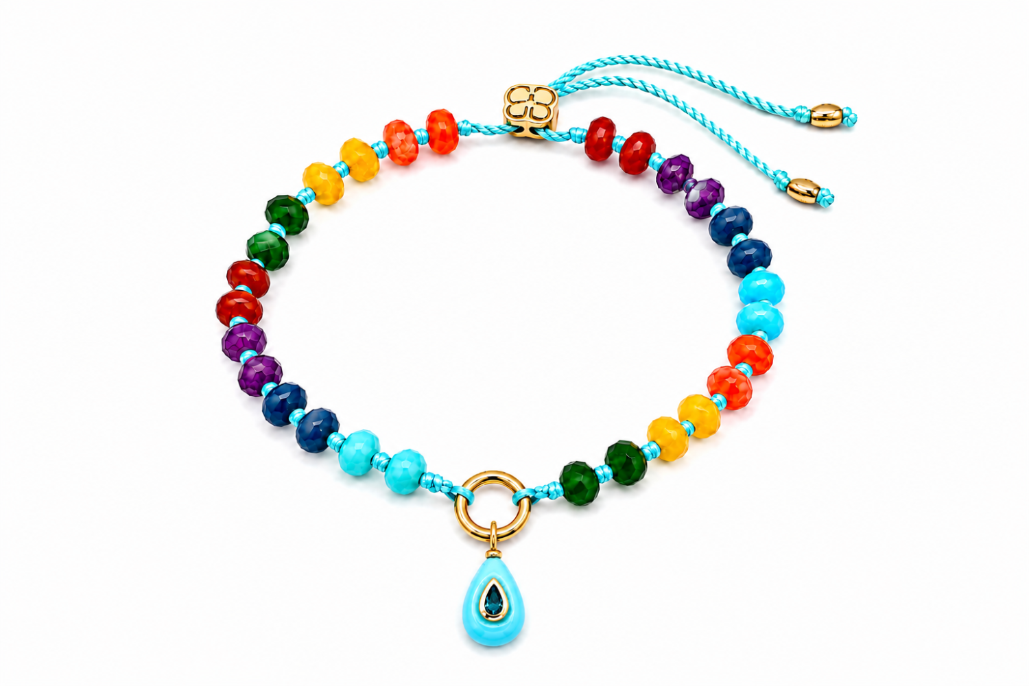 Zaha Rainbow Gold Charm Carrier Bracelet featuring colourful gemstone beads with a waterproof 14k Gold PVD charm carrier clasp.