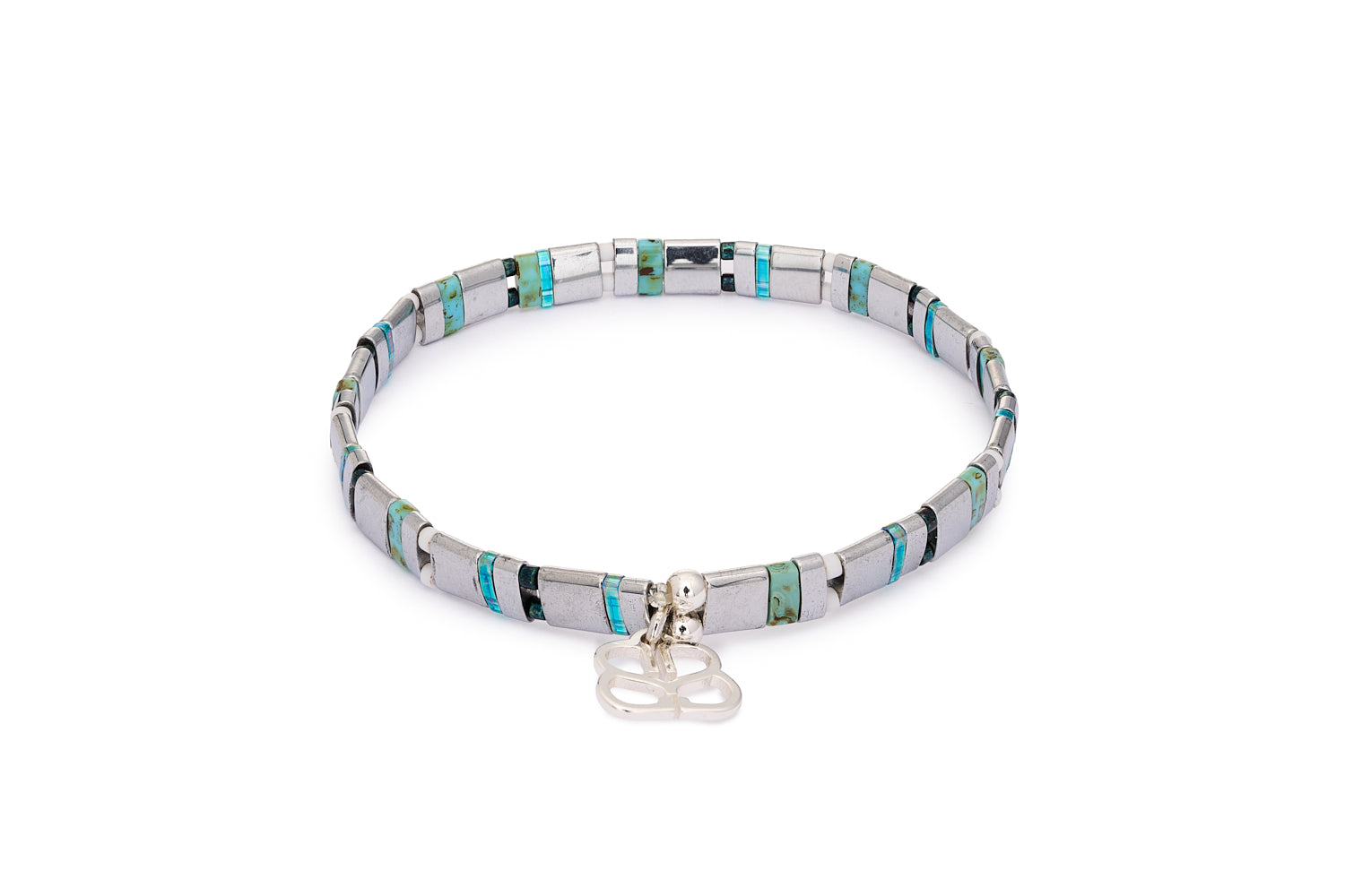 Zoom Silver & Blue Tila Bracelet with striped silver, turquoise, and navy Japanese beads in an 18cm stretch design with Boho Betty charm.