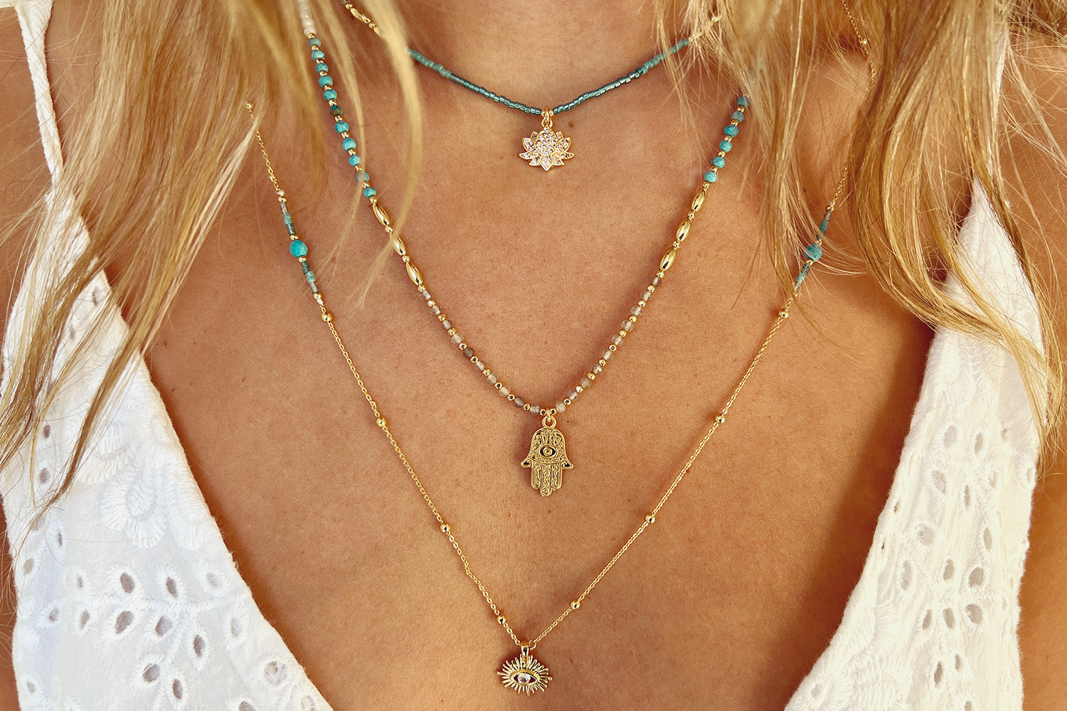 Lieu Turquoise Healing Hand Gold Necklace