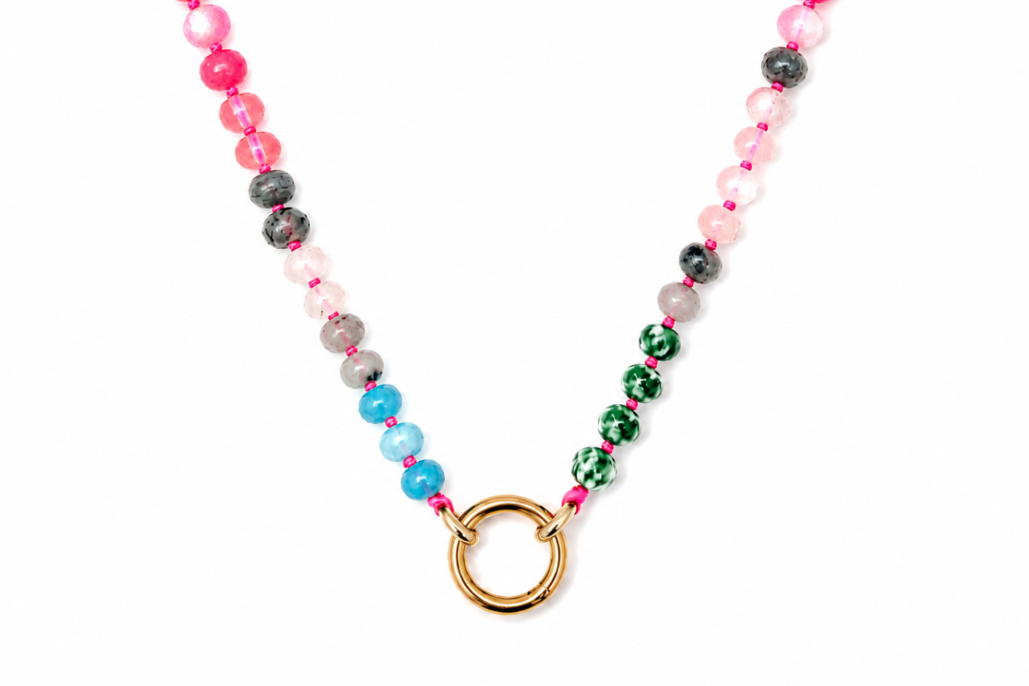 Amala Pink & Blue Gold Charm Carrier Necklace featuring jade, rose quartz and labradorite gemstone beads with a waterproof 14k gold PVD stainless steel charm carrier clasp.