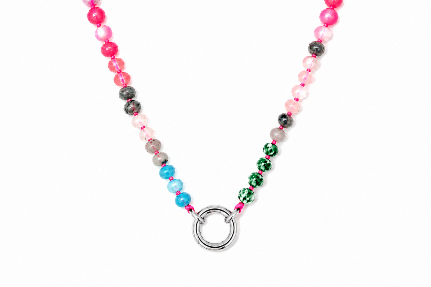 Amala Pink & Blue Silver Charm Carrier Necklace featuring jade, rose quartz and labradorite gemstone beads with a waterproof white gold plated stainless steel charm carrier clasp.