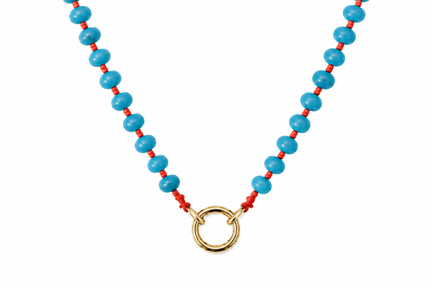 Amala Orange & Turquoise Gold Charm Carrier Necklace featuring turquoise howlite gemstone beads, orange accents and a waterproof 14k gold PVD charm carrier clasp.