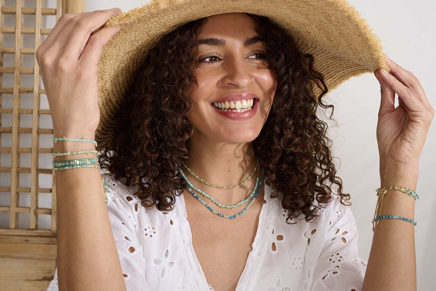 Accessorise in the sunshine with The Allegra Amazonite and Apatite Gold Necklace.