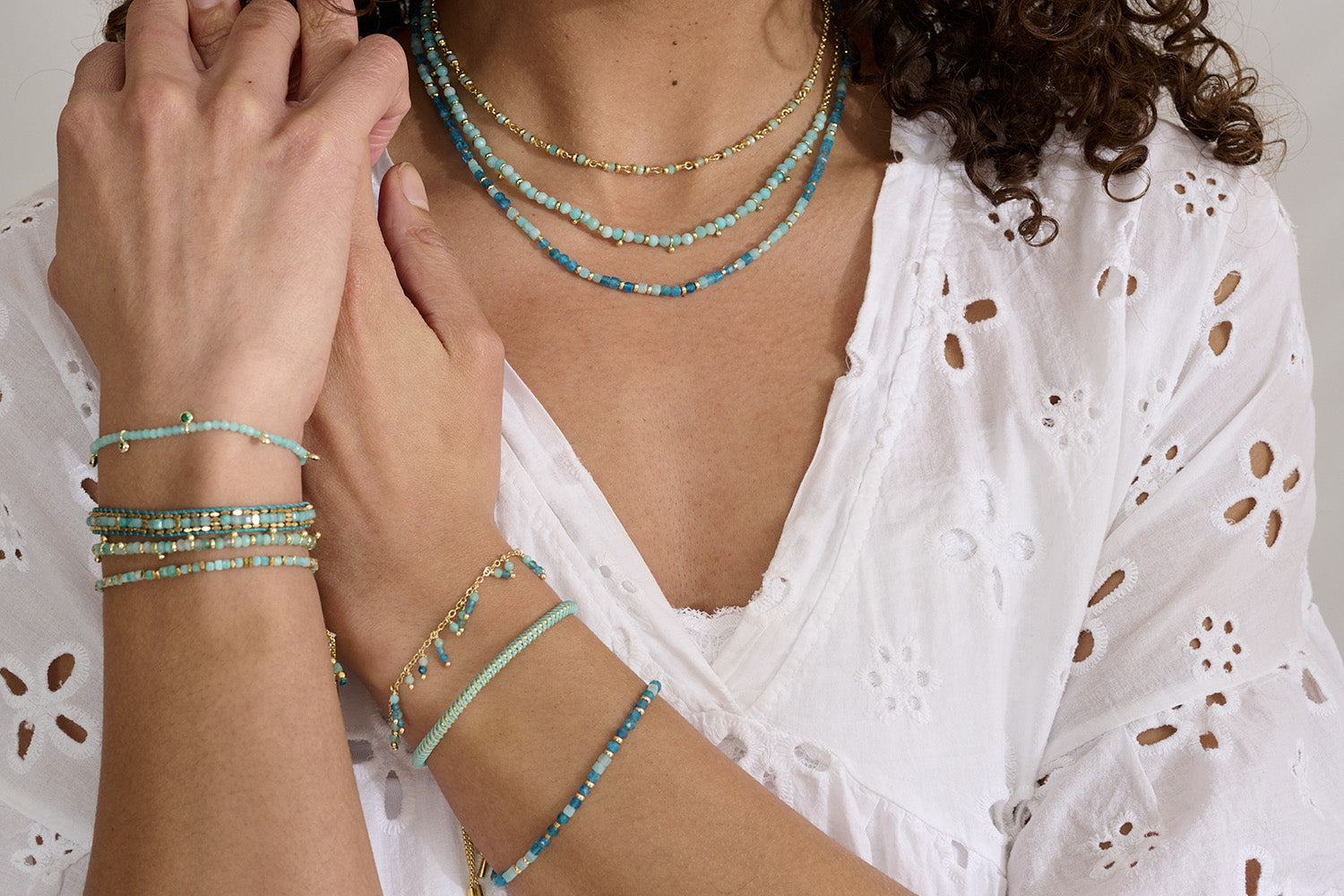 Wondrous laying with Amazonite and Apatite featuring the Allegra Necklace.