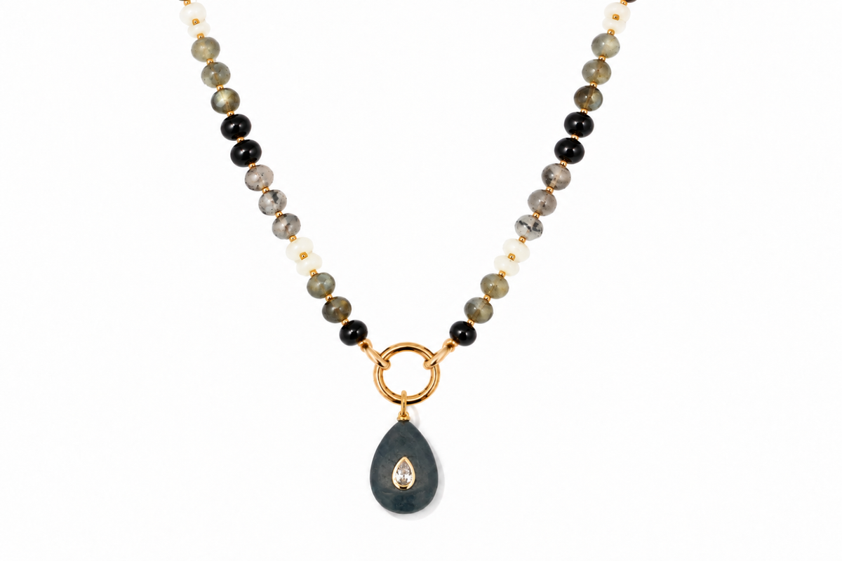 Amala Black Mix Bead & Fleur Labradorite Gold Charm Carrier Necklace SS
