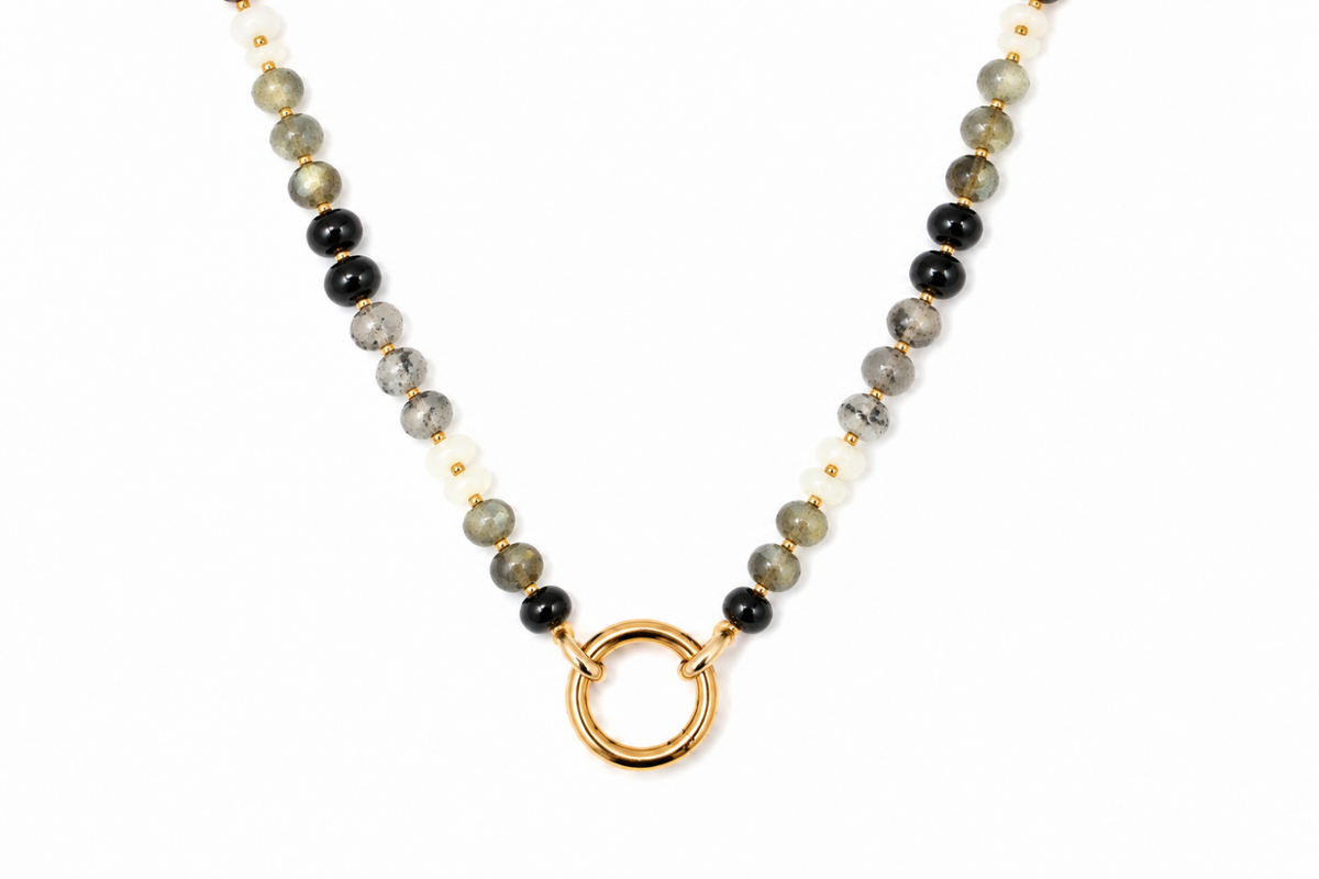 Amala Black Mix Bead & Fleur Labradorite Gold Charm Carrier Necklace SS